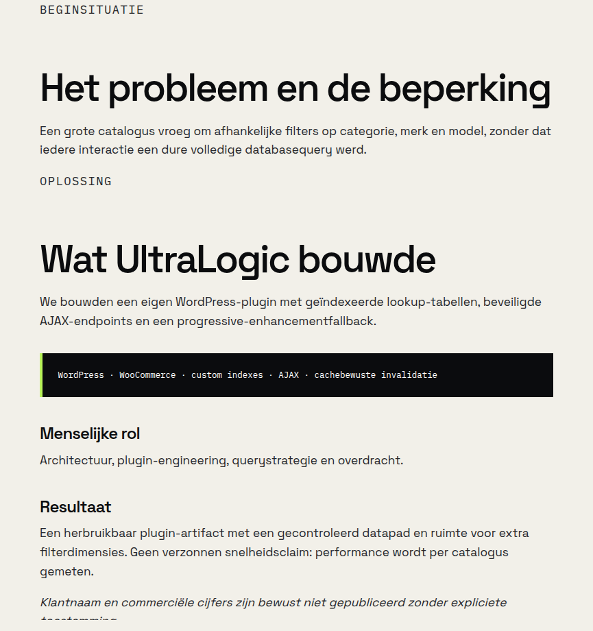 Geanonimiseerde casepagina · probleem, beslissing, rol en eerlijk resultaat