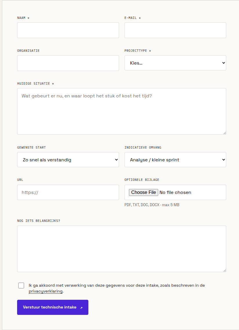 Eerder geteste intakestaat · geen externe captcha of trackingscript